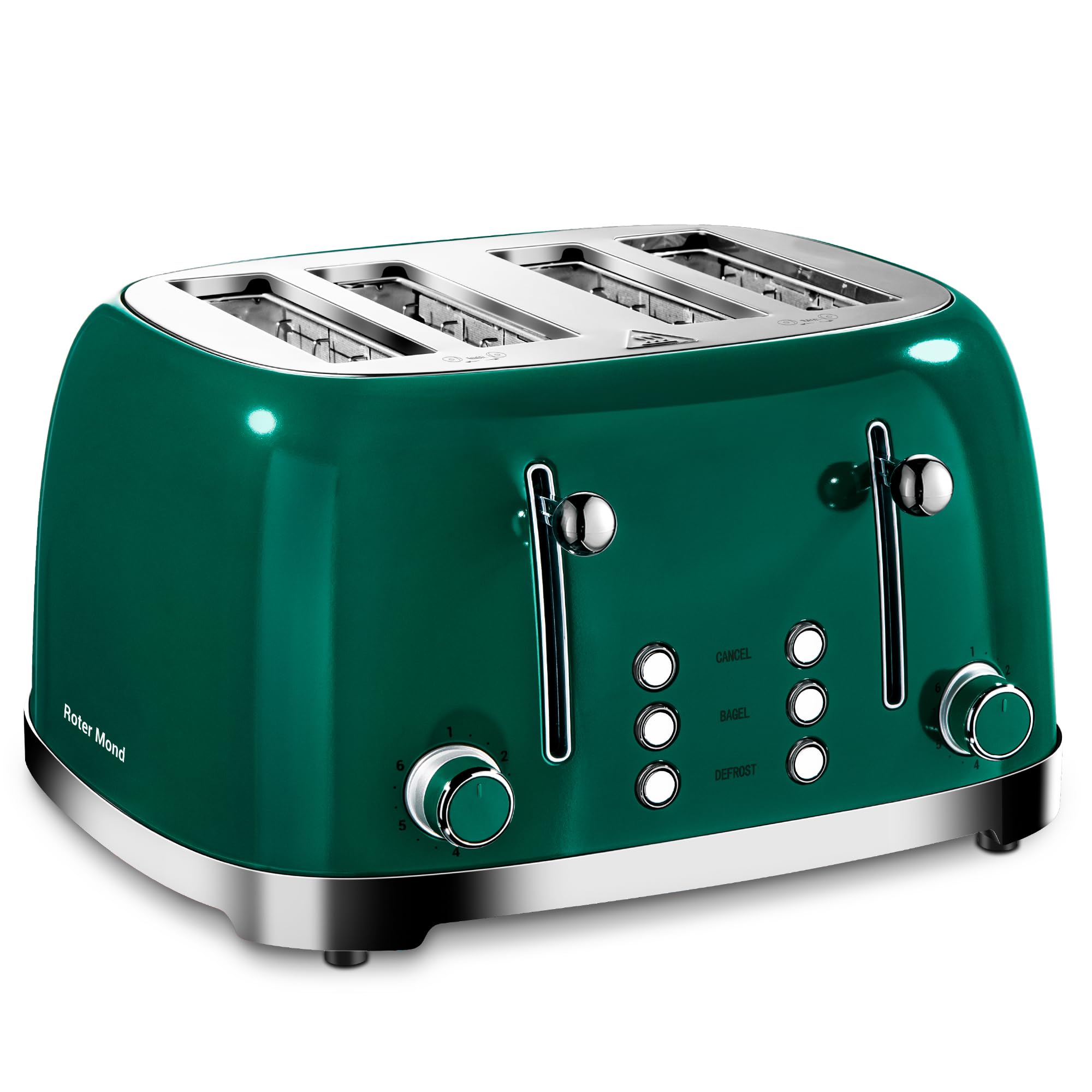 Roter Mond green toaster front view highlights extra-wide slots for versatile breads.