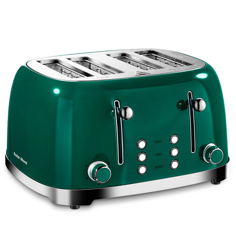 Roter Mond green toaster front view highlights extra-wide slots for versatile breads.