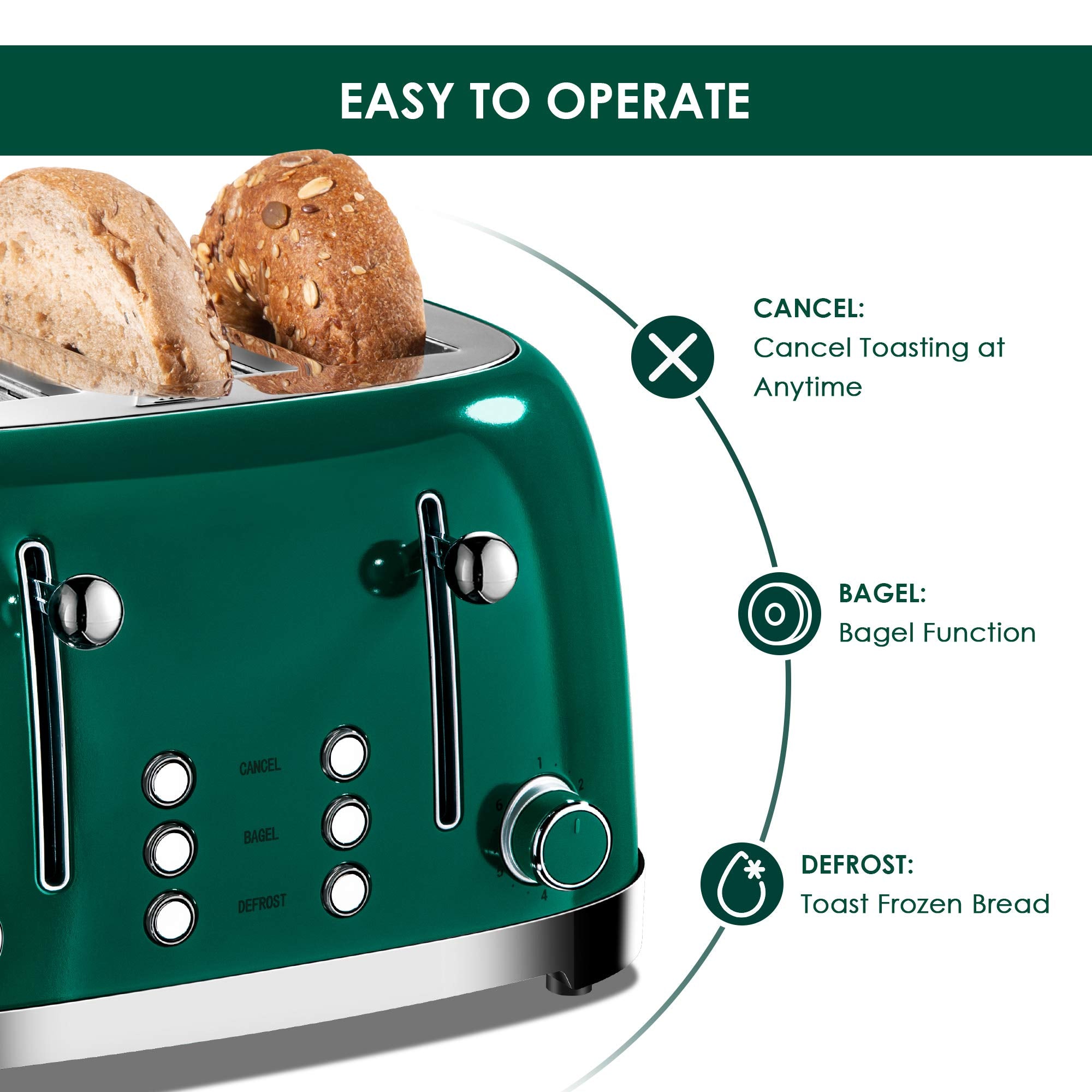 Roter Mond green toaster removable crumb trays shown for easy cleanup.