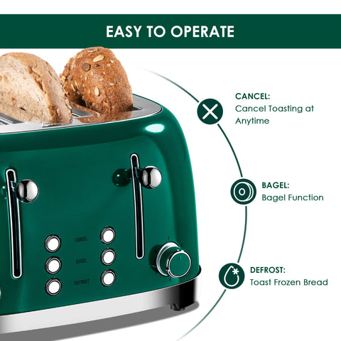 Roter Mond green toaster removable crumb trays shown for easy cleanup.