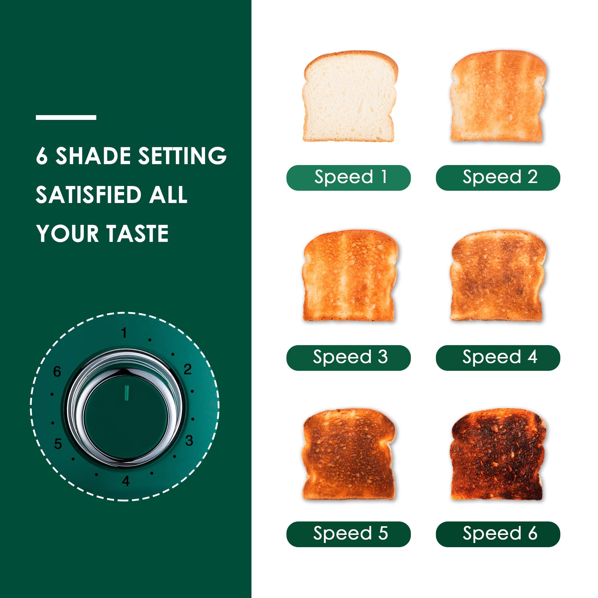 Roter Mond green toaster side view showcases compact retro design and controls.