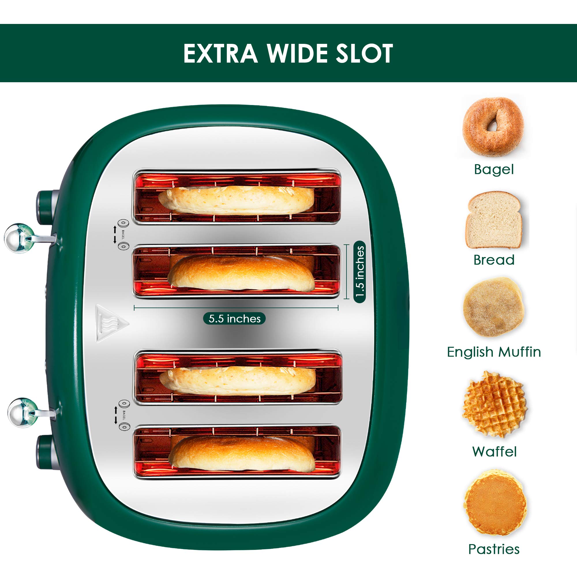 Roter Mond green toaster close-up on extra-wide slots for bagels and thick slices.