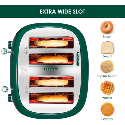 Roter Mond green toaster close-up on extra-wide slots for bagels and thick slices.
