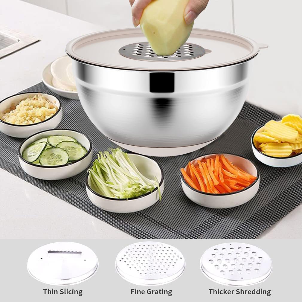 Rottay bowls with center-lid graters enable on-the-go grating while cooking.