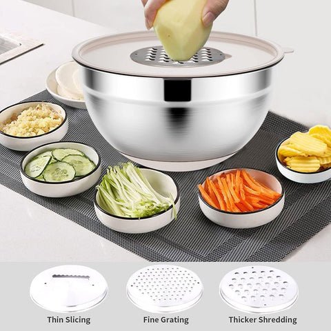 Rottay bowls with center-lid graters enable on-the-go grating while cooking.