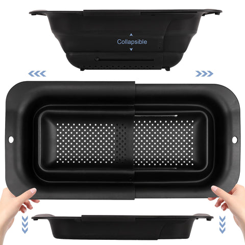Rottogoon 7Qt colander extended in sink for efficient rinsing.