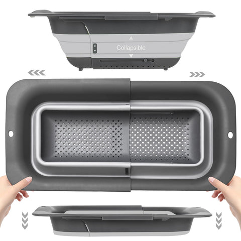 ROTTOGOON collapsible colander extendable over sink for efficient produce rinsing.