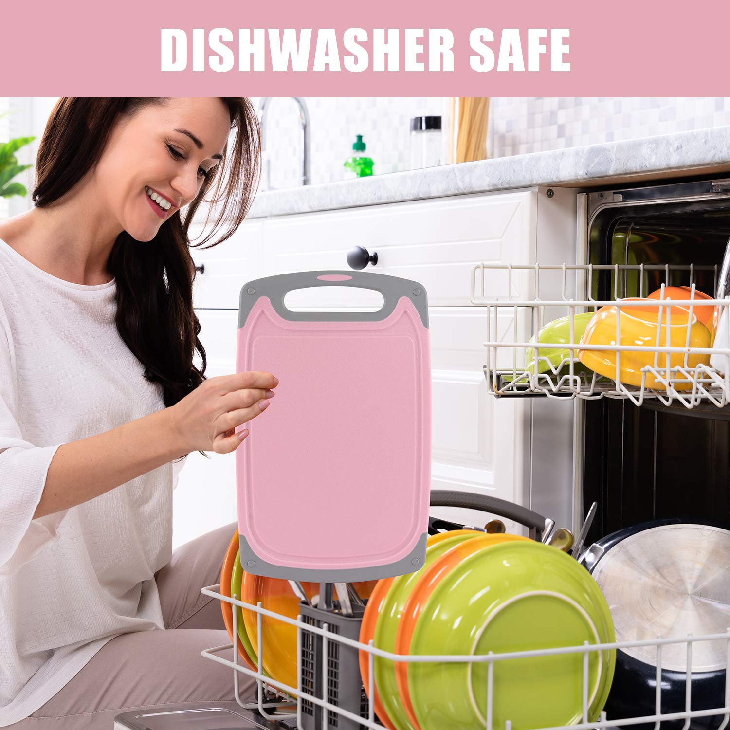 ROTTOGOON dishwasher-safe plastic cutting boards simplify cleaning after meals.