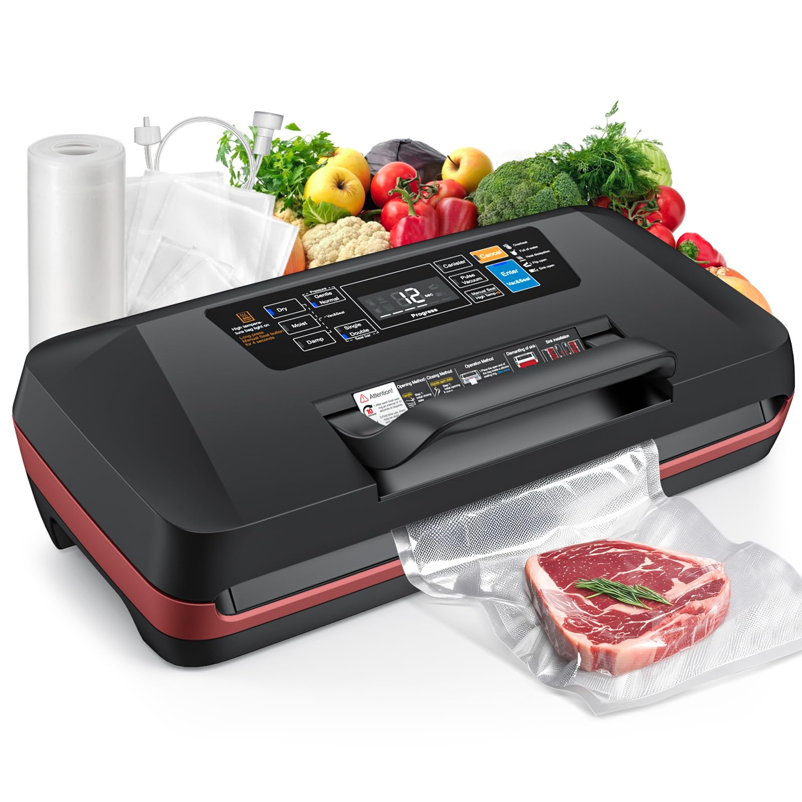 ROUUO 95kPa vacuum sealer front view showing sleek countertop design and fast sealing.