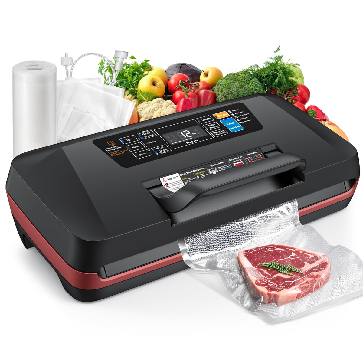 ROUUO 95kPa vacuum sealer front view showing sleek countertop design and fast sealing.