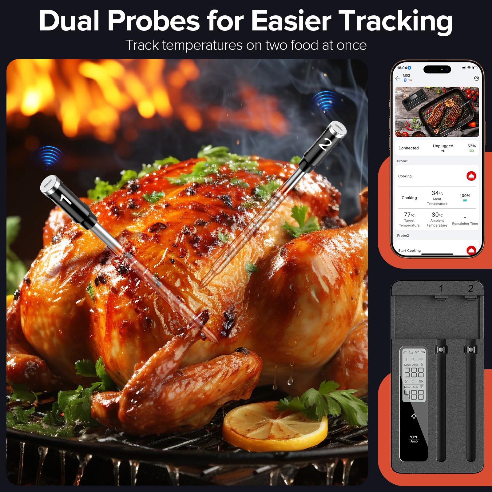 ROUUO app interface displays real-time temps and alerts for confident cooking.