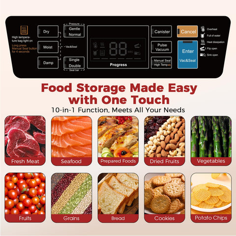 ROUUO vacuum sealer control panel close-up for easy Dry and Moist mode selection.