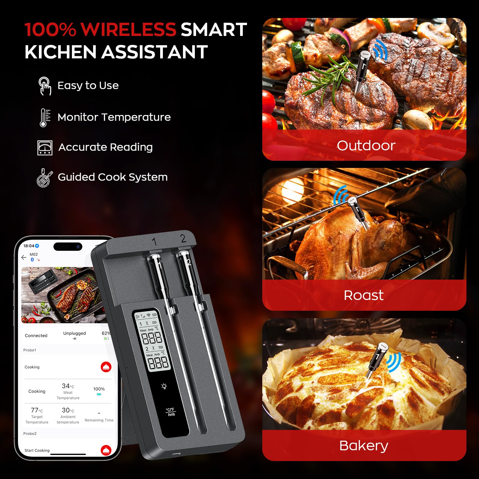 ROUUO 2000mAh battery supports long cooks with smart alerts.