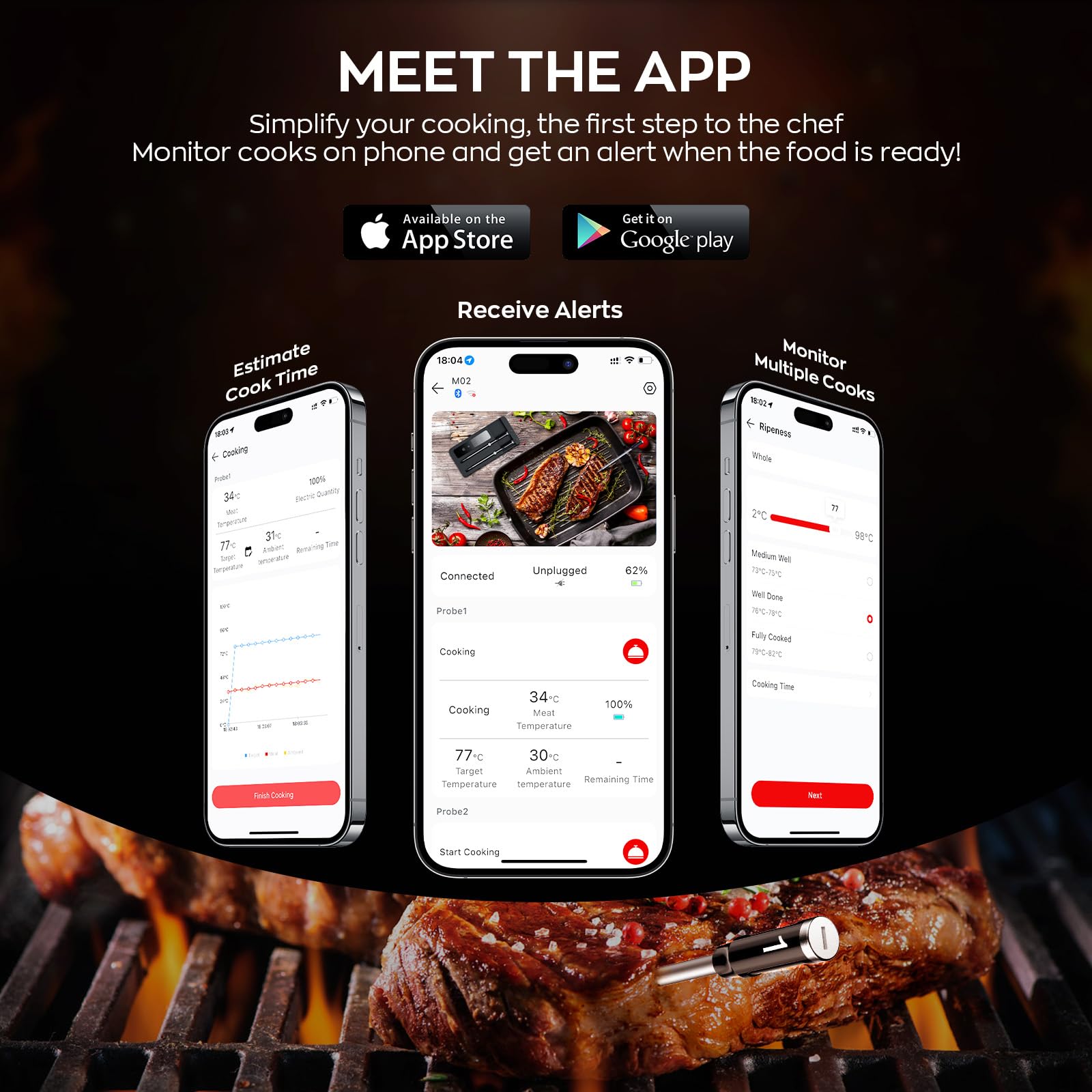 ROUUO versatile use: grill, smoker, oven, air fryer with precise readings.