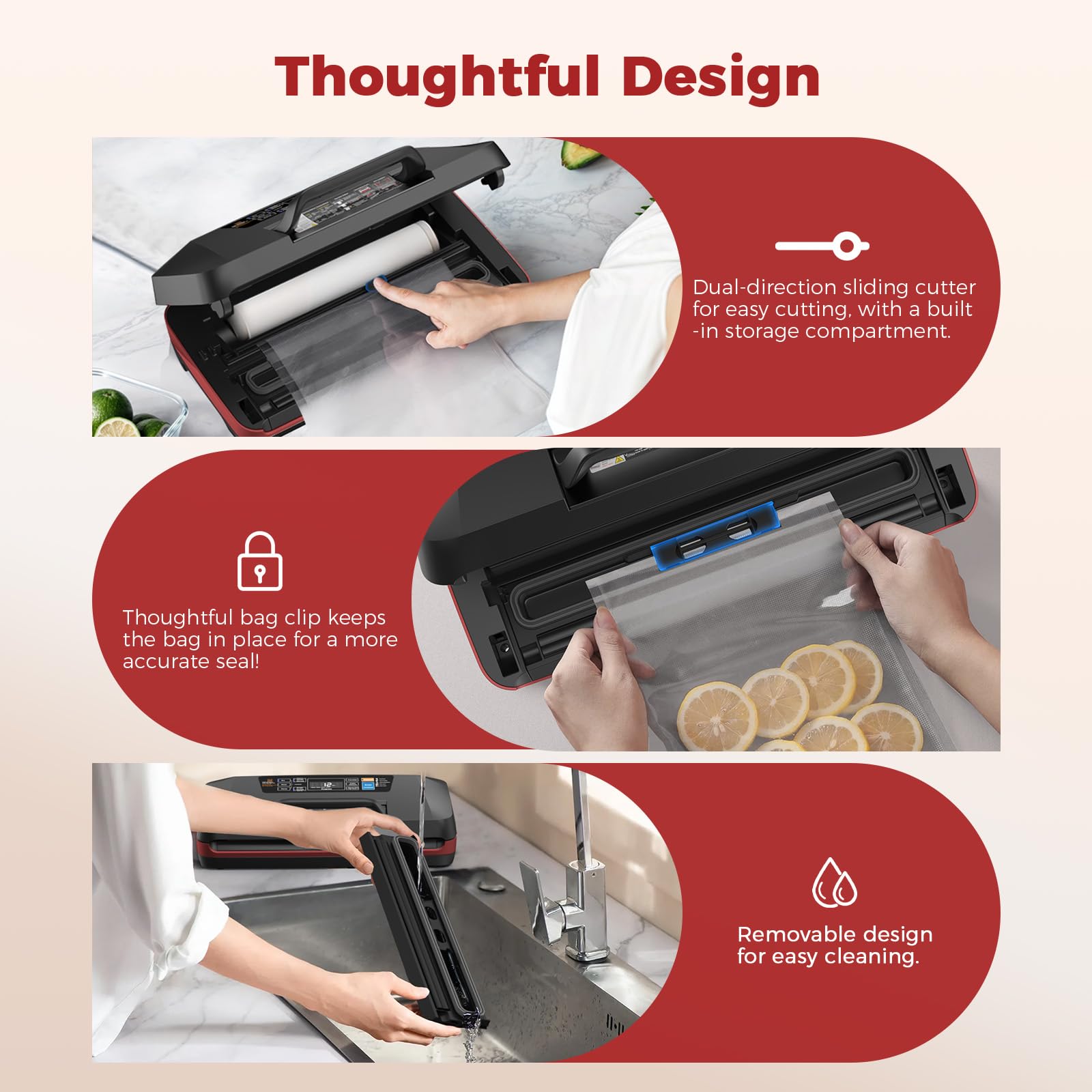 ROUUO built-in cutter demonstrated for easy bag sizing