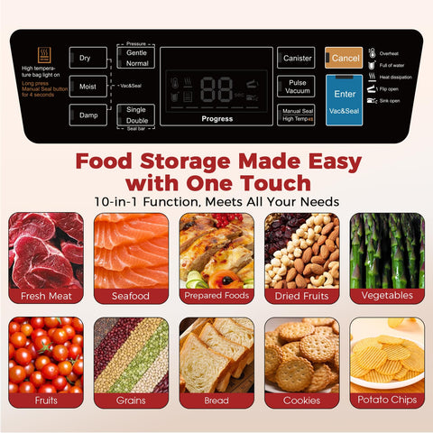 ROUUO vacuum sealer control panel with mode options for Dry and Moist sealing