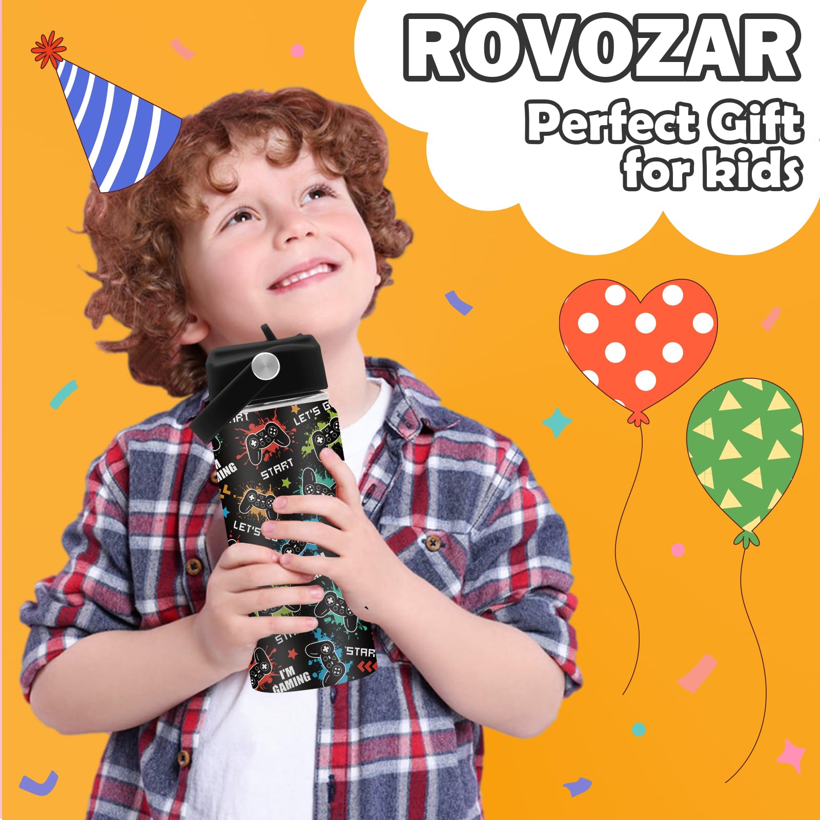 ROVOZAR game water bottle 16oz side design with colorful controllers.