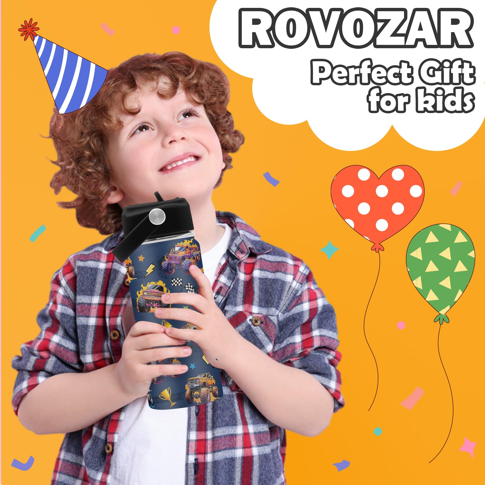 ROVOZAR Monster Truck bottle side view with convenient handle for kids