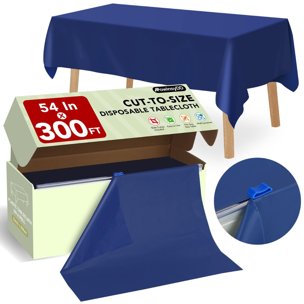 RowinsyDD 54in x 300ft blue table cover roll with slide cutter, perfect for quick party setup.