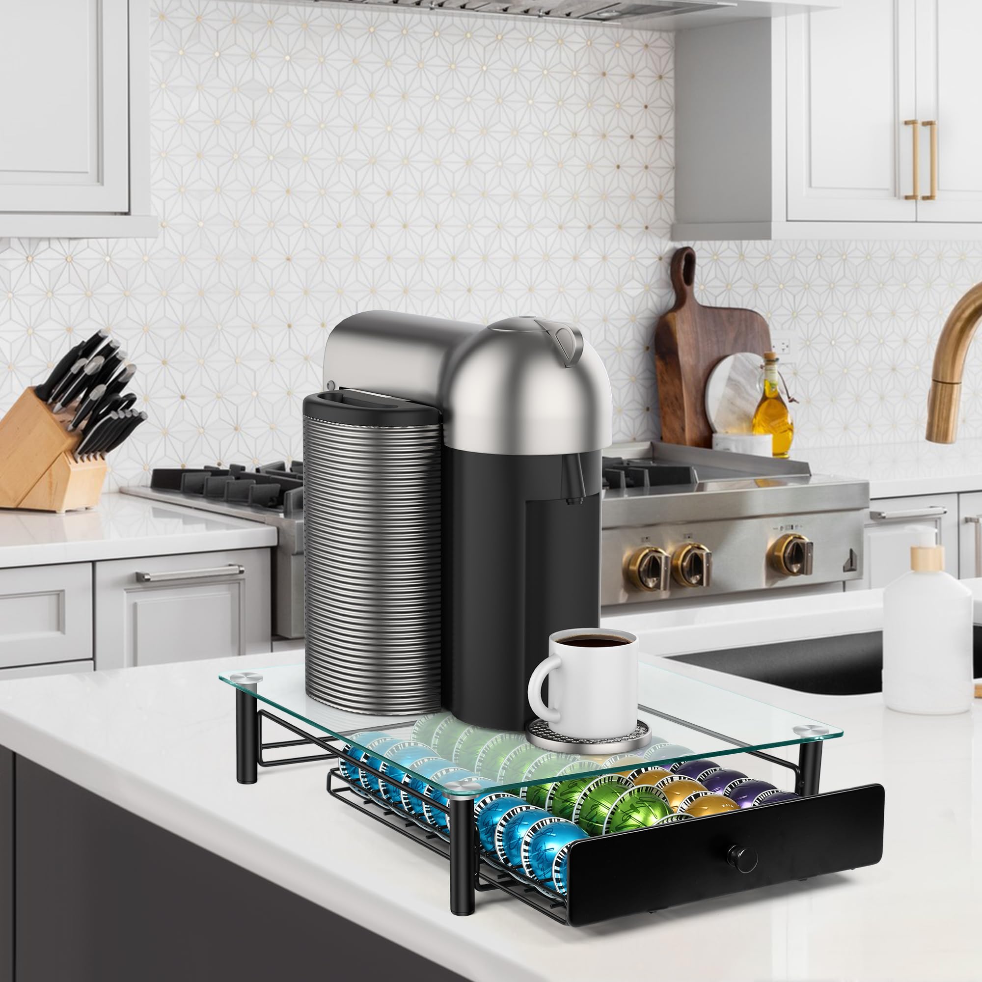 ROWISE coffee maker sits atop the glass top for convenient access