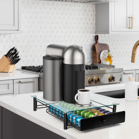 ROWISE coffee maker sits atop the glass top for convenient access