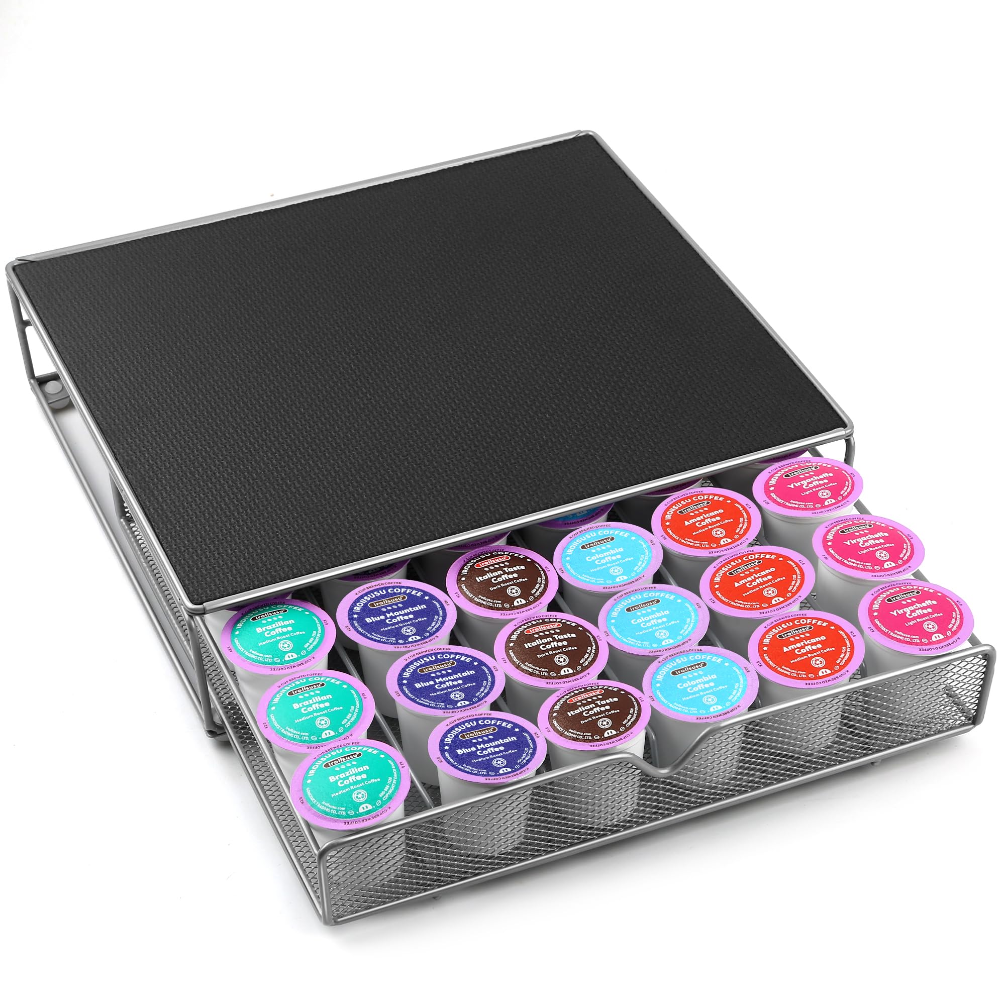 ROWISE coffee pod drawer front view shows 36 K-Cups in reach