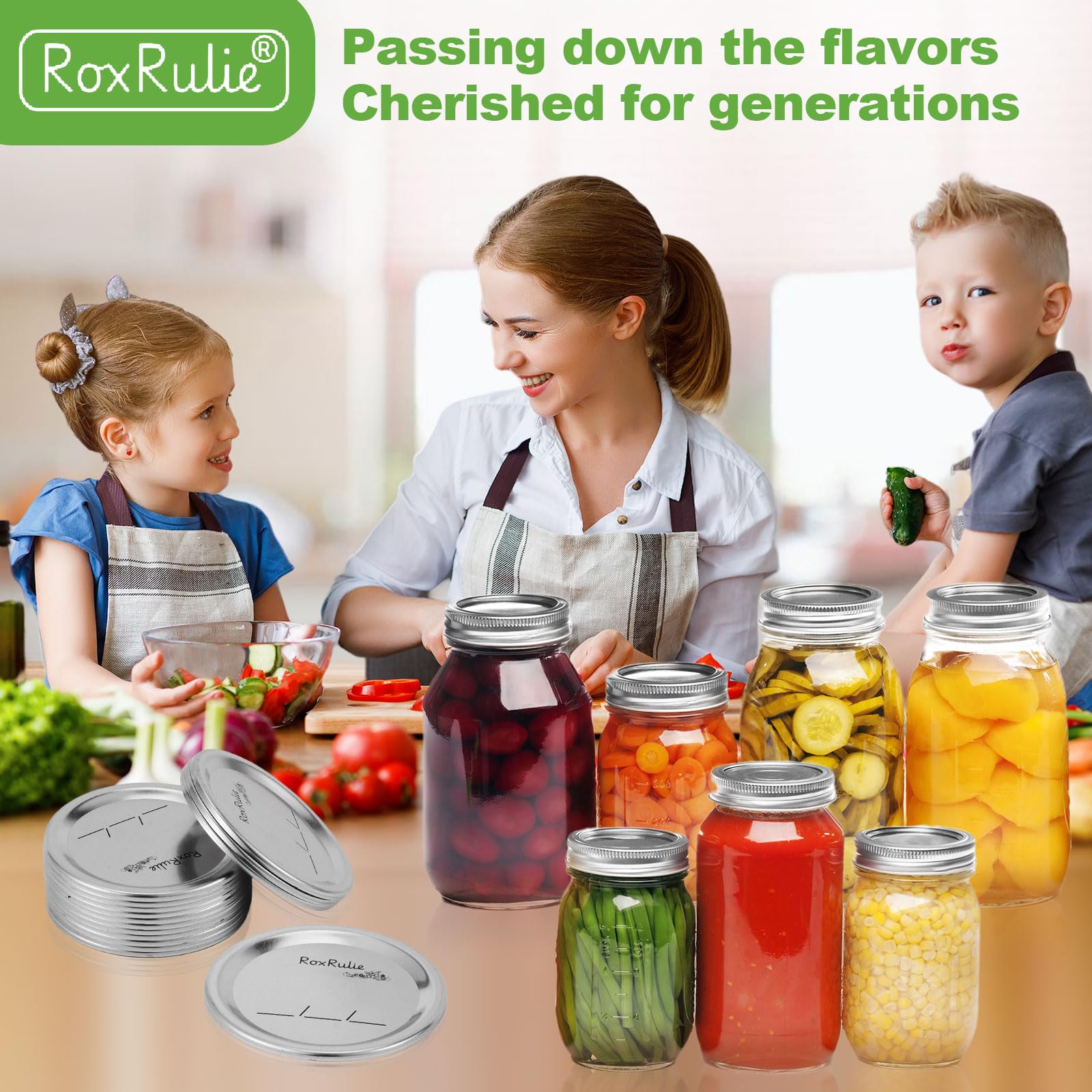 RoxRulie packaging shows 150 regular-mouth lids with a lifetime warranty and service.