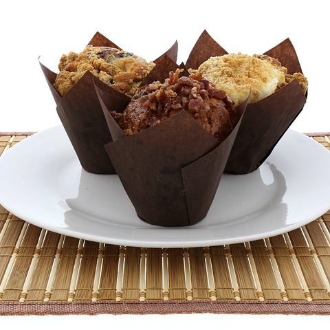 Royal Brown Tulip Style baking cups provide moisture retention for soft, evenly baked treats