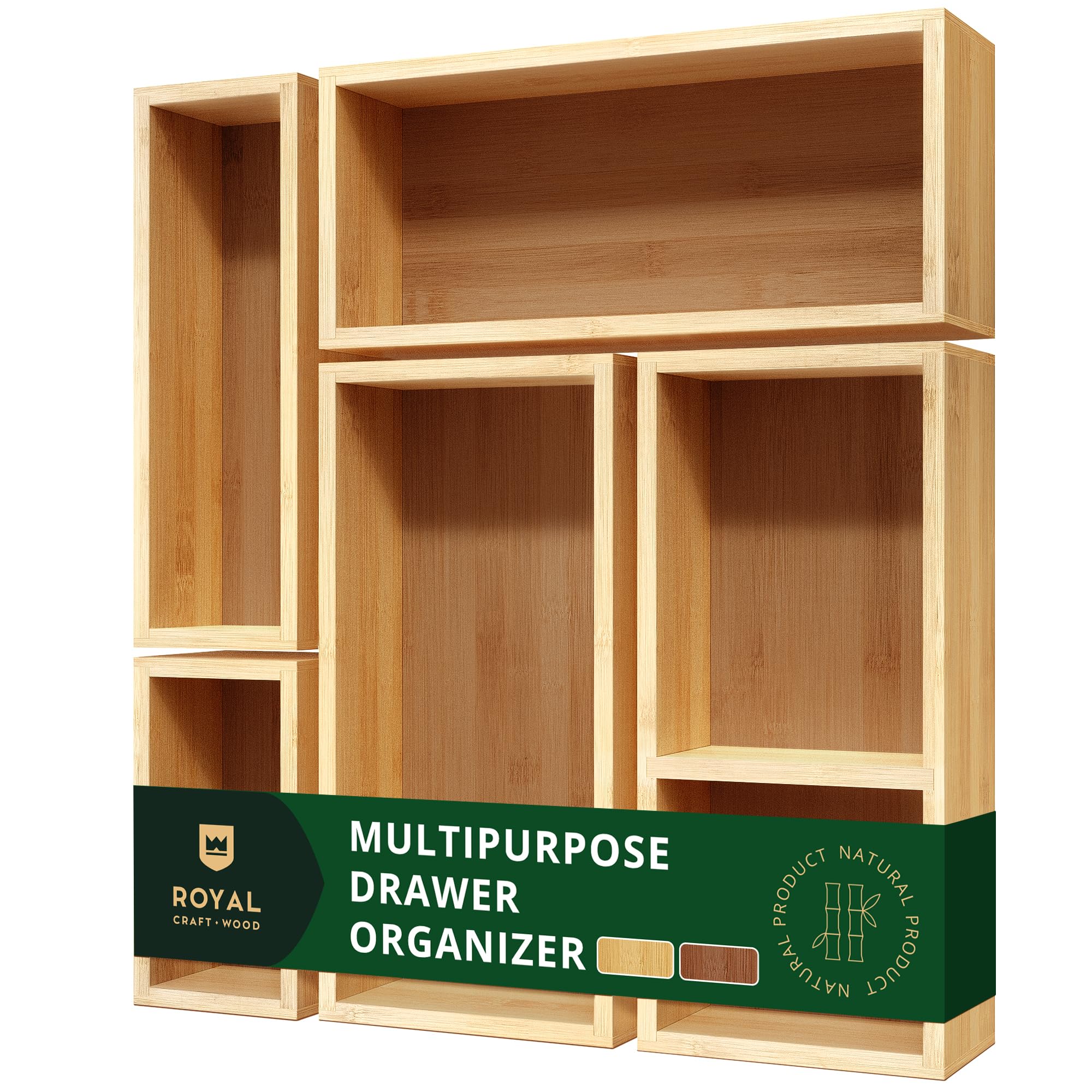 Royal Craft Wood 5-piece bamboo drawer organizer set neatly fills a deep drawer for clutter-free storage.