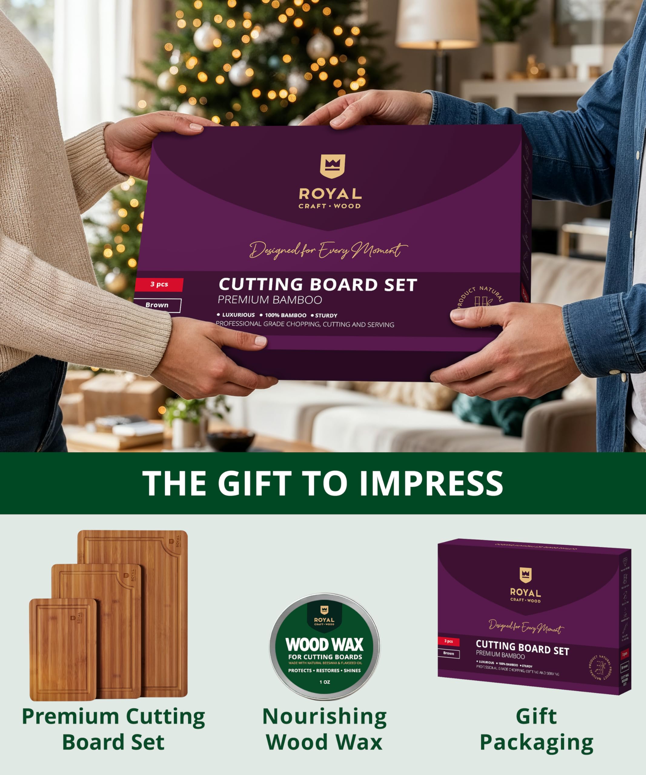 ROYAL CRAFT WOOD board with juice groove catches liquids during meat or fruit prep