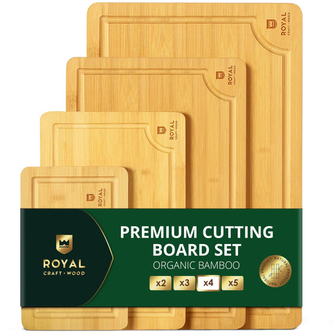 ROYAL CRAFT WOOD 5 piece bamboo board set displayed together for versatile kitchen prep