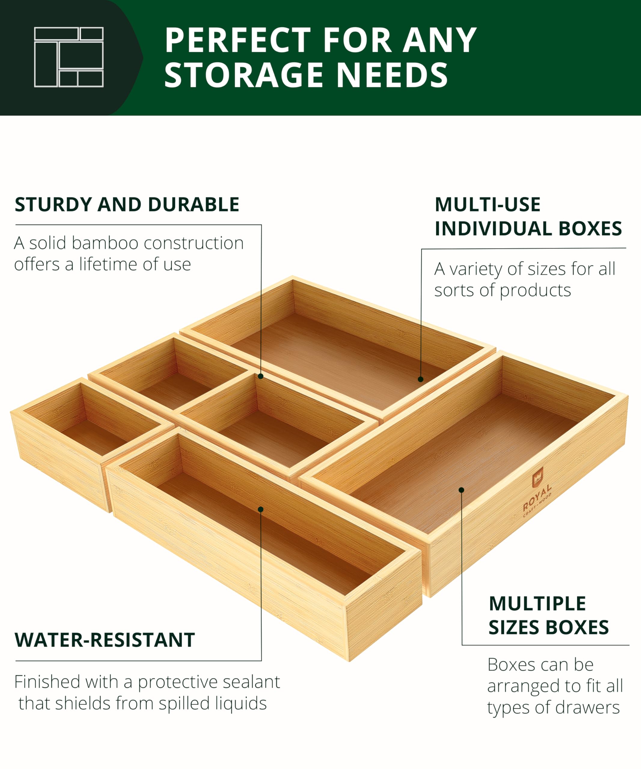 Royal Craft Wood bamboo organizers on a countertop for easy access to essentials.