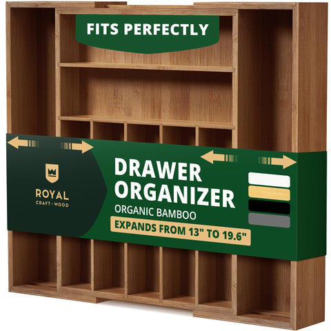 Royal Craft Wood bamboo drawer organizer in closed view keeps utensils neatly aligned.
