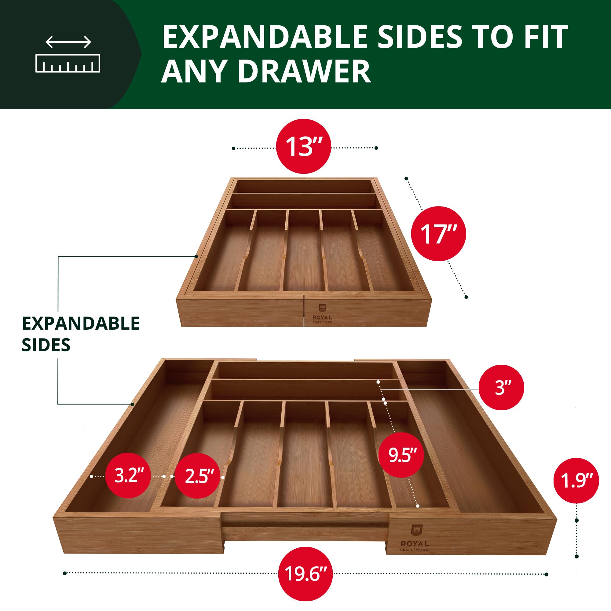 Royal Craft Wood expandable bamboo drawer organizer extended for wider drawers.