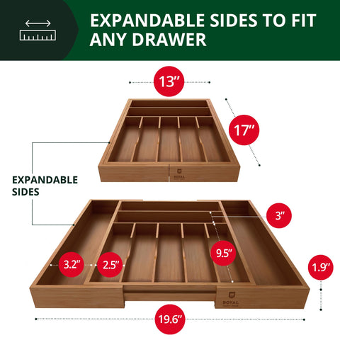 Royal Craft Wood expandable bamboo drawer organizer extended for wider drawers.