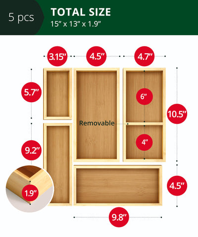 Royal Craft Wood bamboo organizers in varied sizes fit kitchen and bathroom drawers.