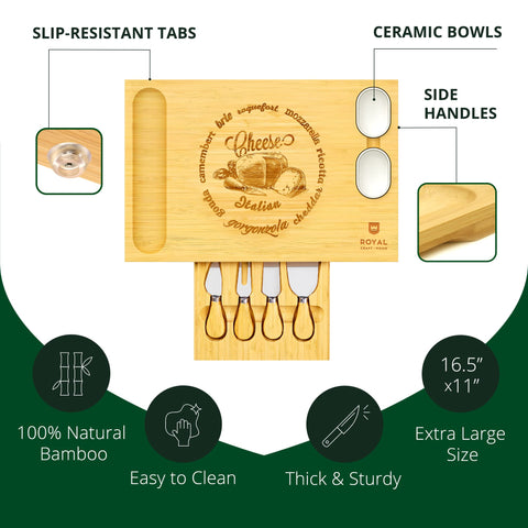 ROYAL CRAFT WOOD charcuterie board with deep grooves keeps snacks in place.