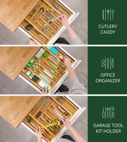 ROYAL CRAFT WOOD deep compartments hold spatulas, ladles, and tongs securely.