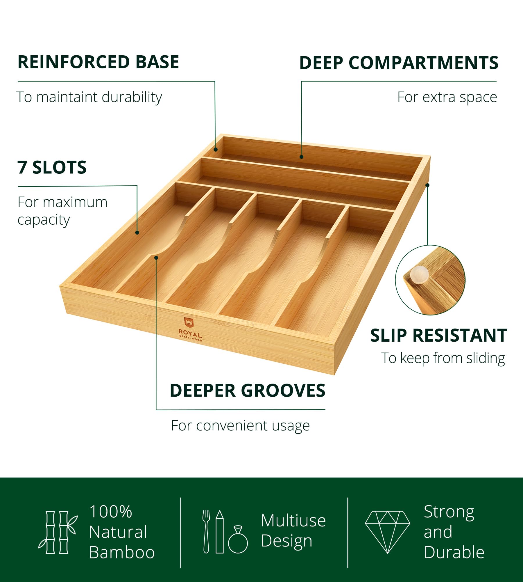 ROYAL CRAFT WOOD deep slots maximize drawer capacity for utensils.