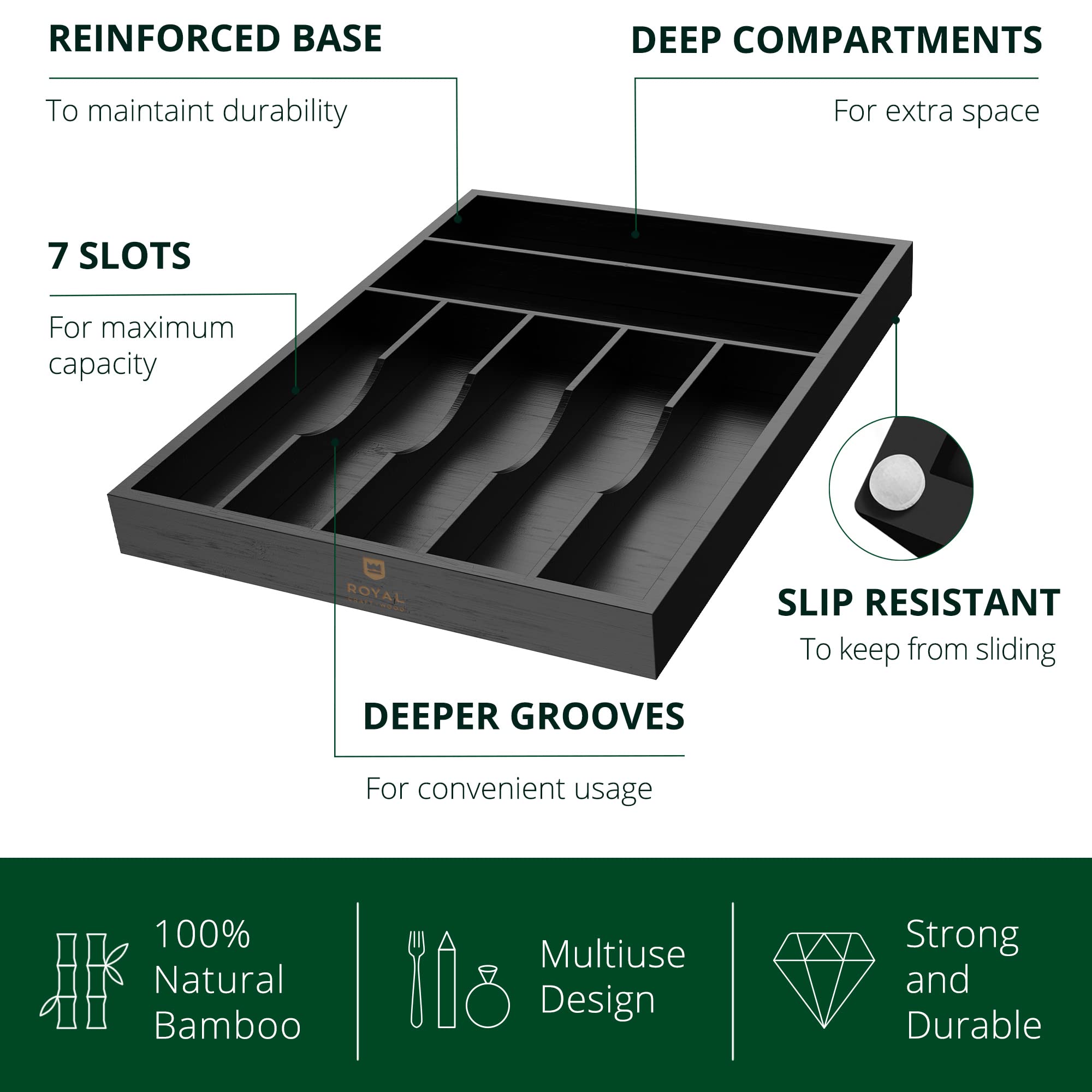 Royal Craft Wood 7-slot drawer organizer side view shows slim silhouette.