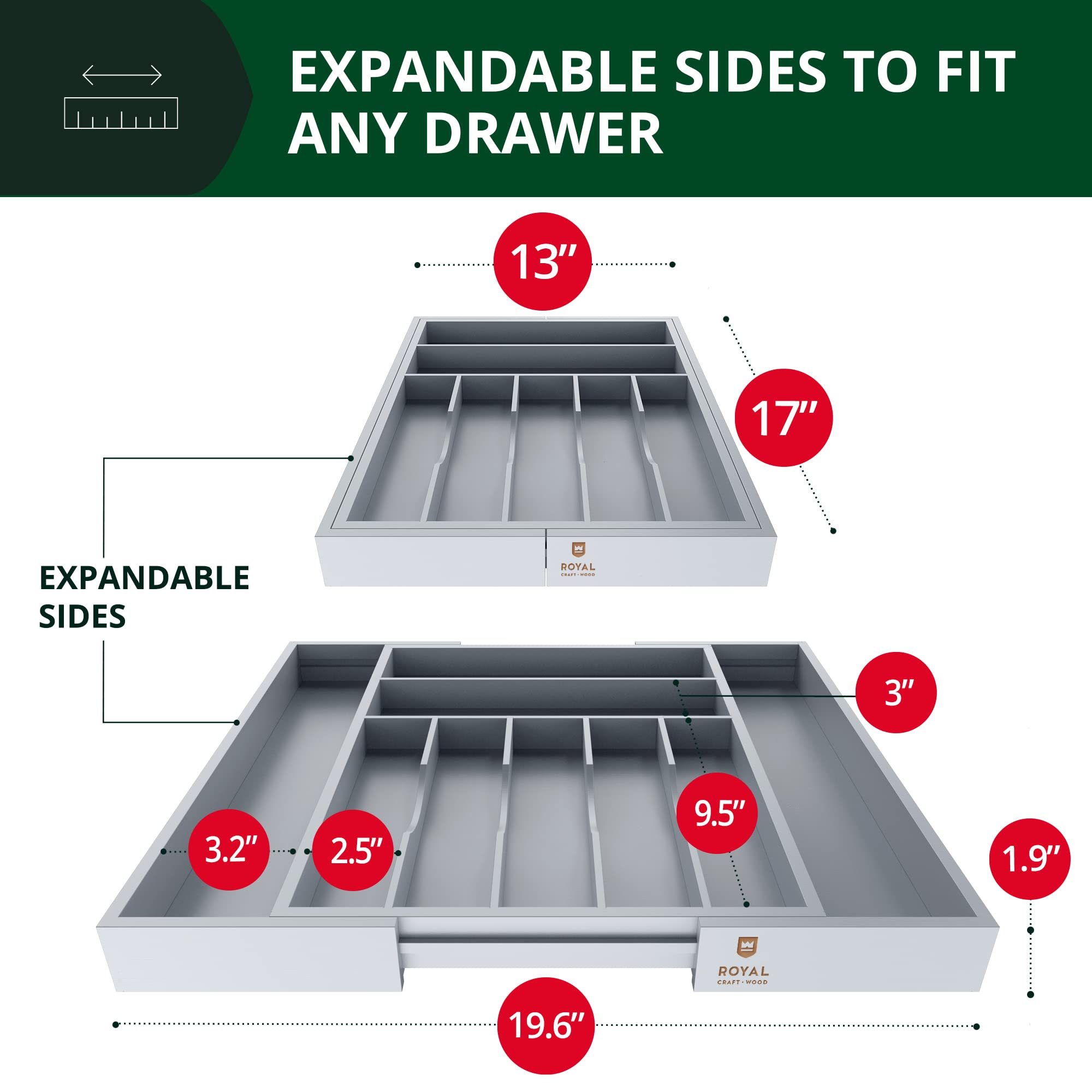 ROYAL CRAFT WOOD expandable bamboo drawer divider demonstrates flexible sizing for larger drawers