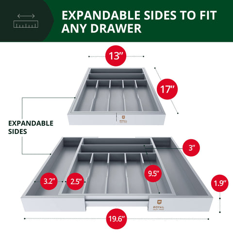 ROYAL CRAFT WOOD expandable bamboo drawer divider demonstrates flexible sizing for larger drawers