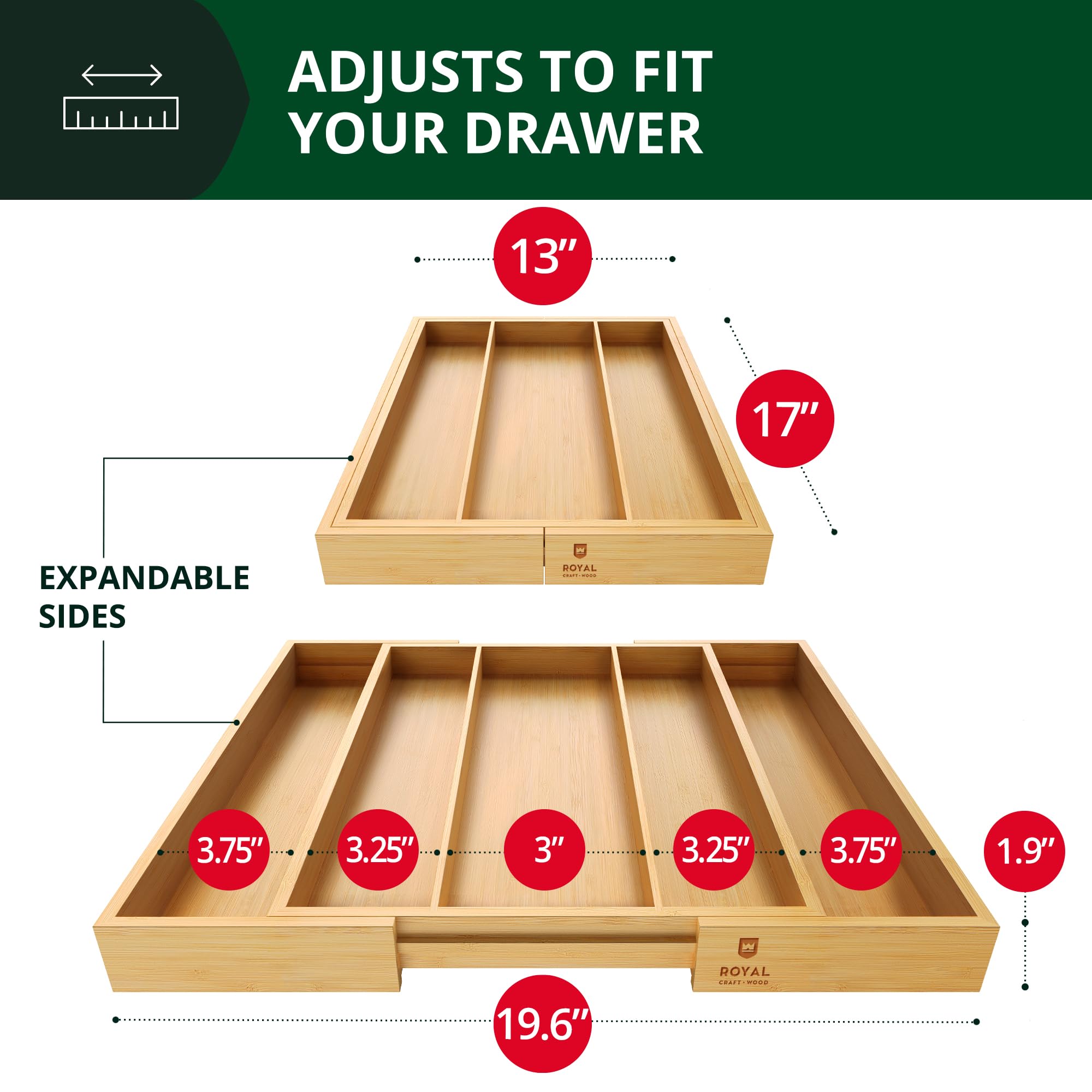 ROYAL CRAFT WOOD expandable divider shows adjustable configuration for larger kitchen drawers