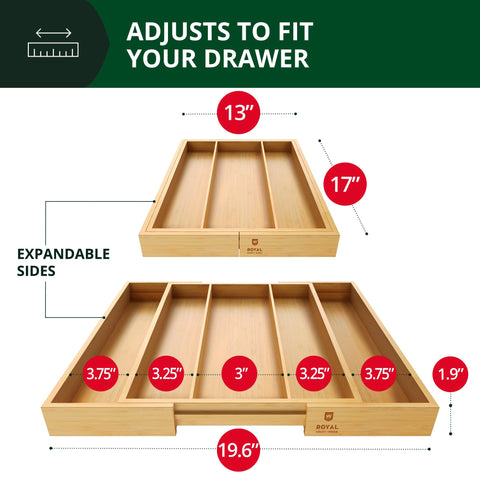 ROYAL CRAFT WOOD expandable divider shows adjustable configuration for larger kitchen drawers