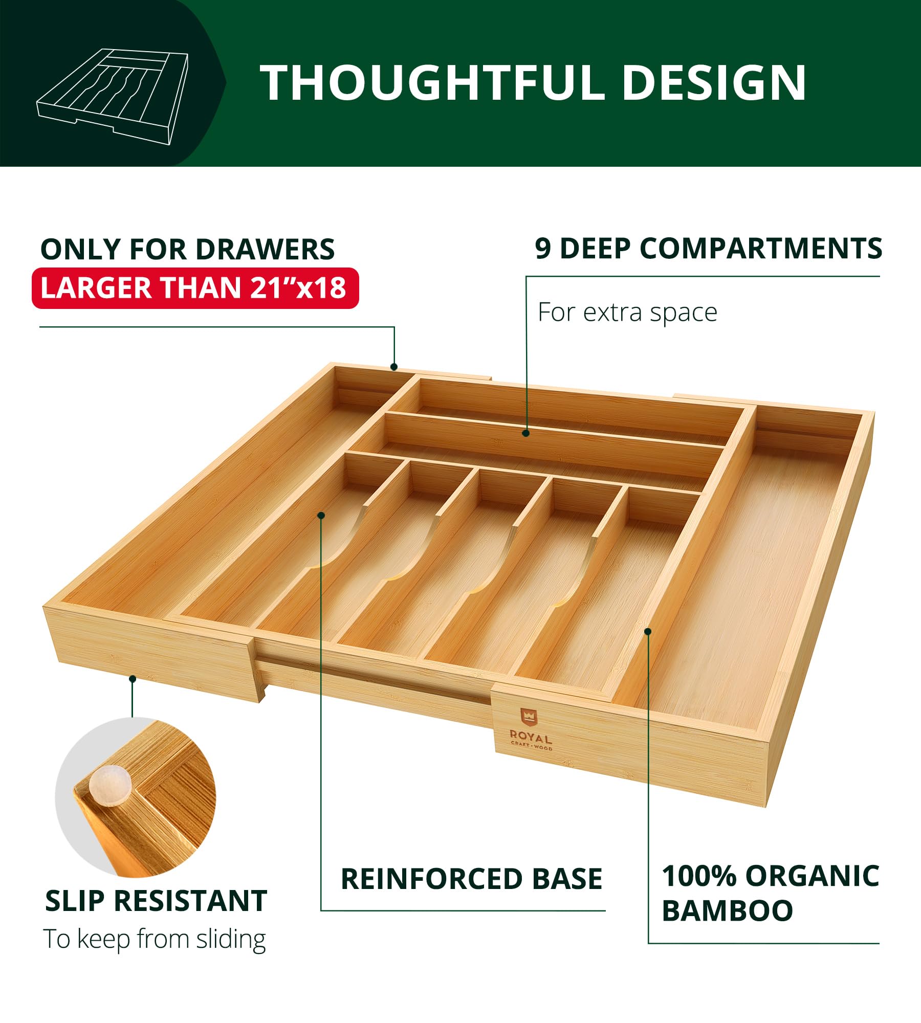 ROYAL CRAFT WOOD expandable drawer divider adjusts to different drawer sizes.