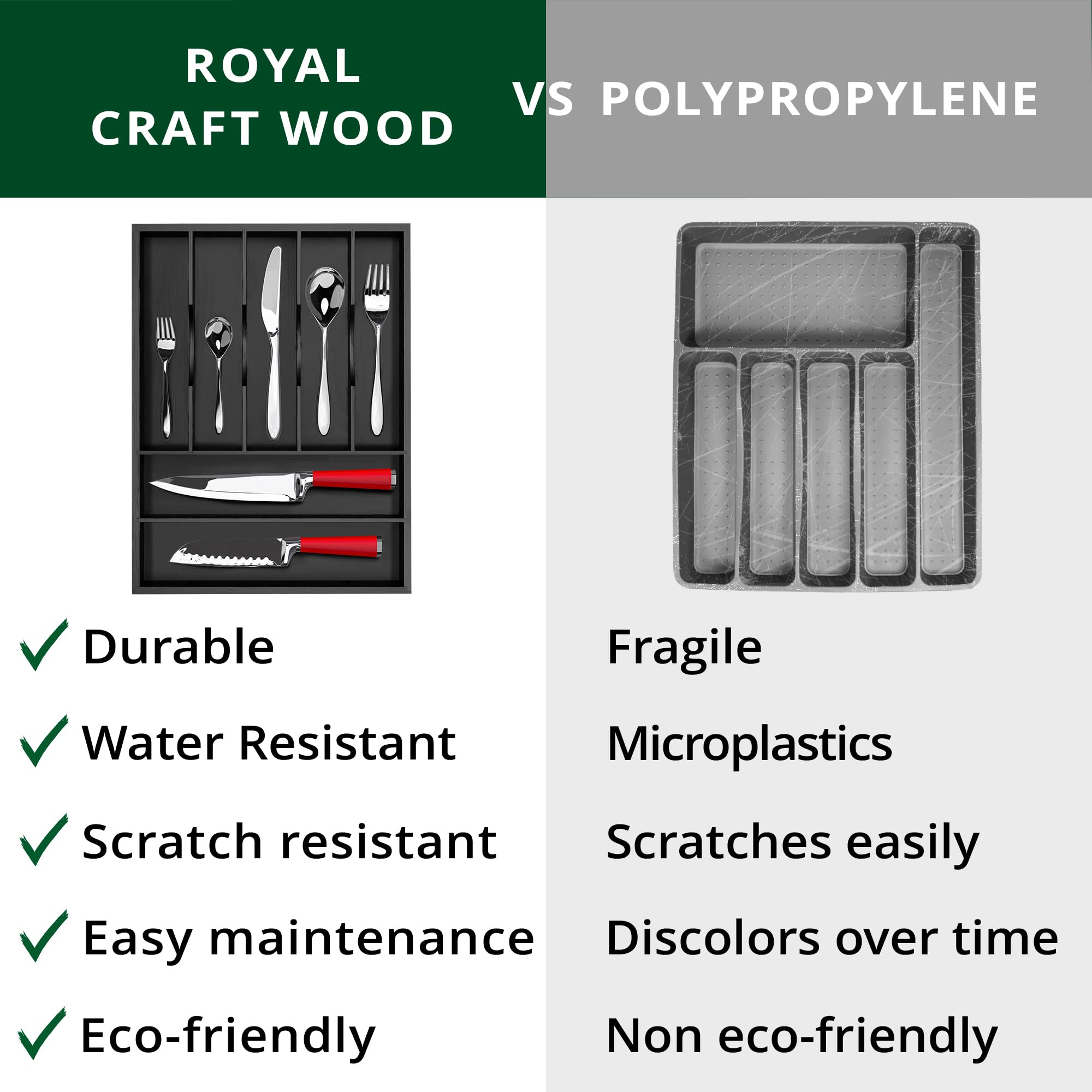 Royal Craft Wood organizer in kitchen drawer reduces clutter and search time.