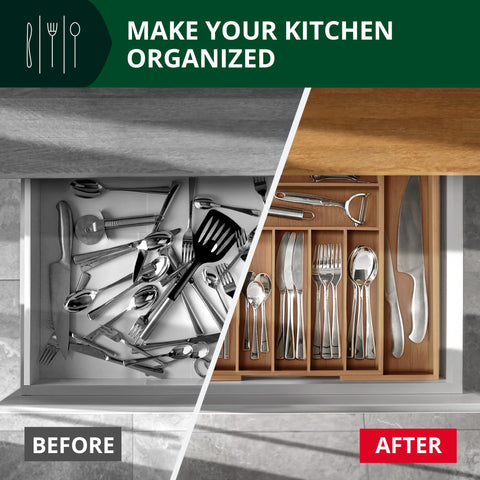 Royal Craft Wood kitchen drawer organizer in use for quick tool access while cooking.