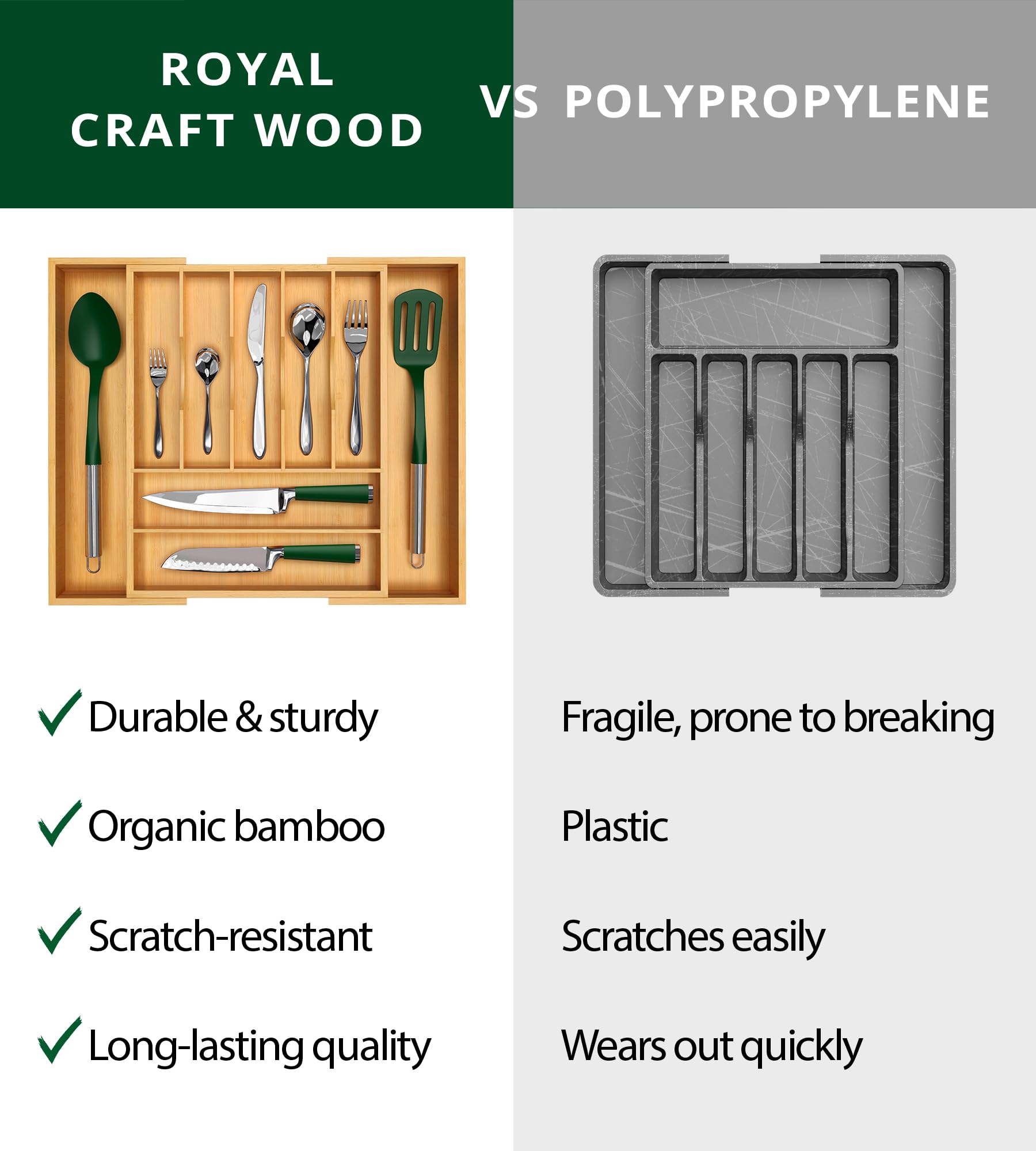 ROYAL CRAFT WOOD large utensil organizer inside a drawer for quick access.