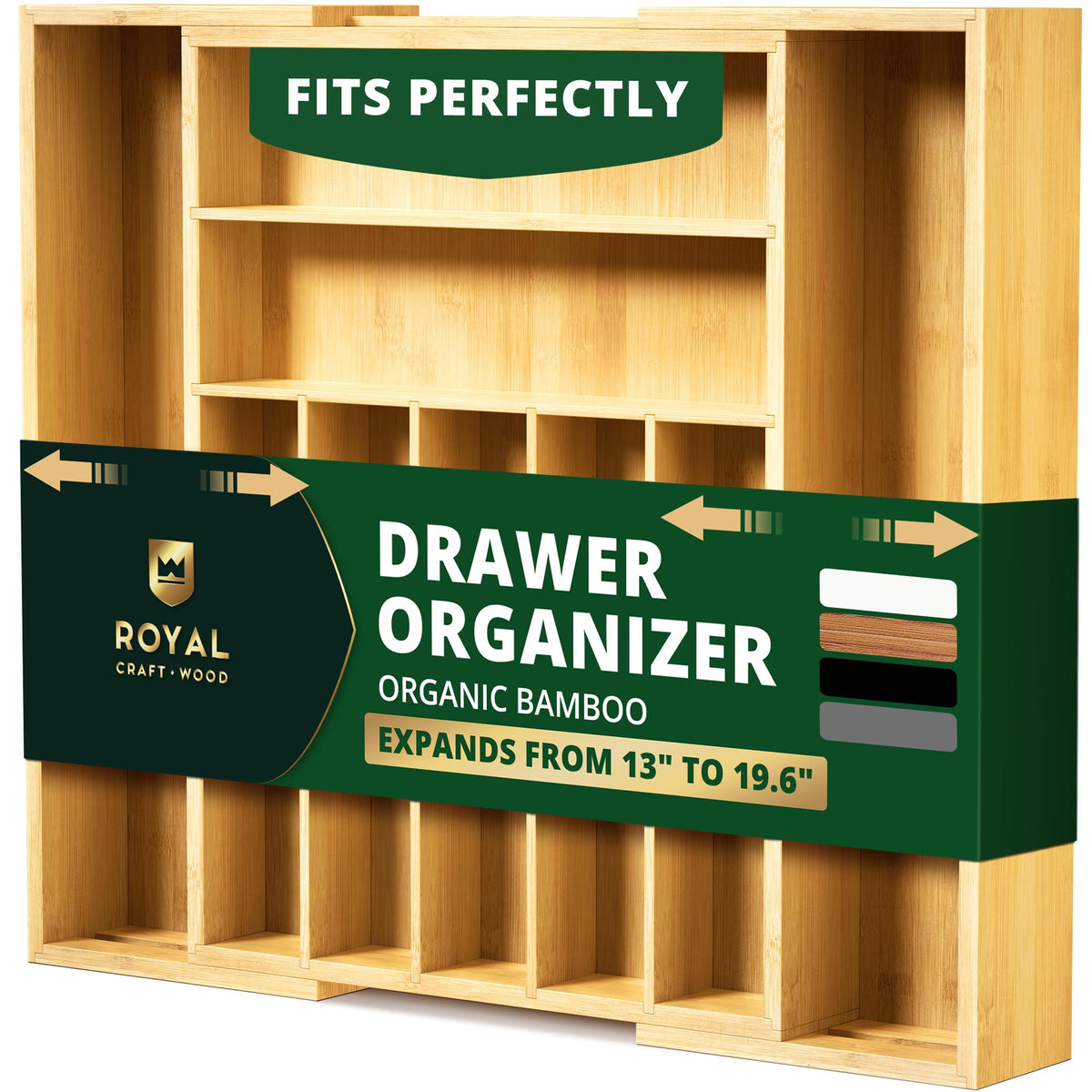 ROYAL CRAFT WOOD bamboo drawer organizer expanded to fit a wide kitchen drawer.