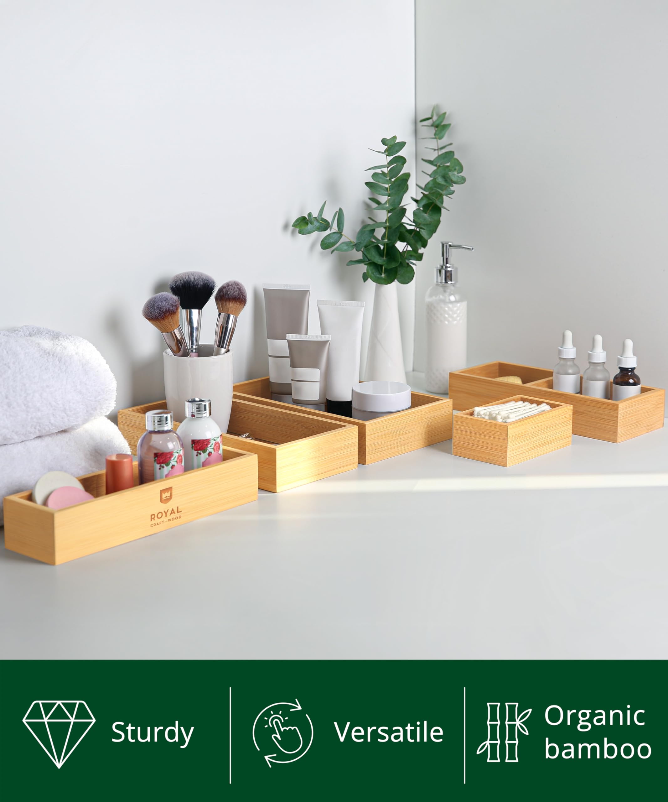 Royal Craft Wood makeup organizers show trays for cosmetics and brushes.